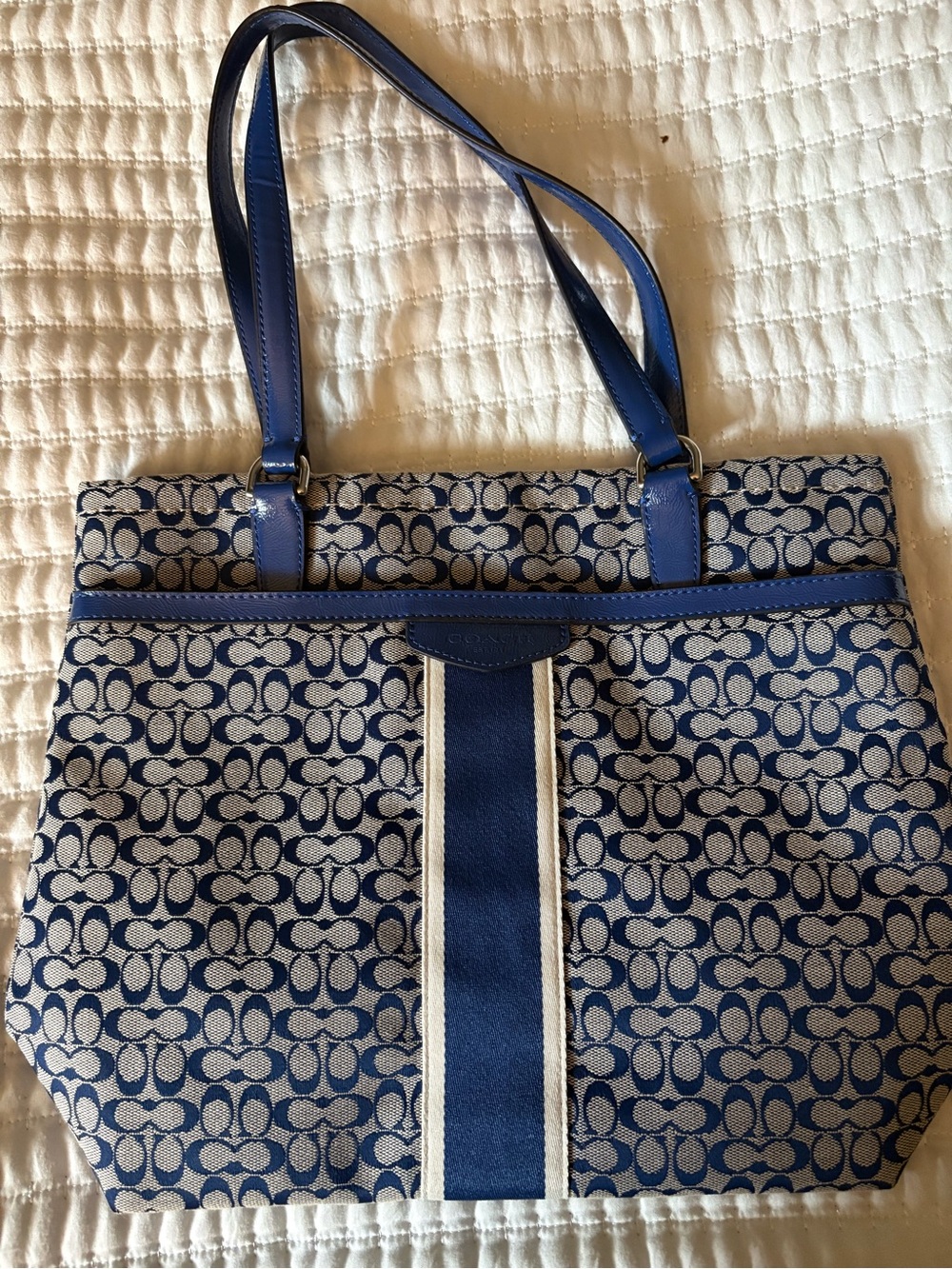 Coach Blue Signature Canvas Tote with Stripe